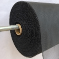Roll of black mesh fabric on a cardboard tube, showcasing its textured surface. Ideal for crafting, upholstery, or construction applications.