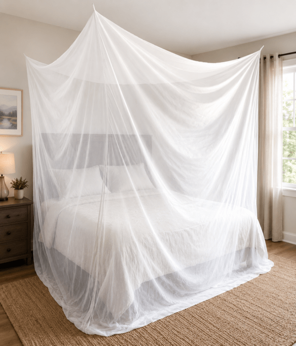 A bed draped with a sheer white mosquito net in a cozy bedroom, providing protection and creating a serene atmosphere.