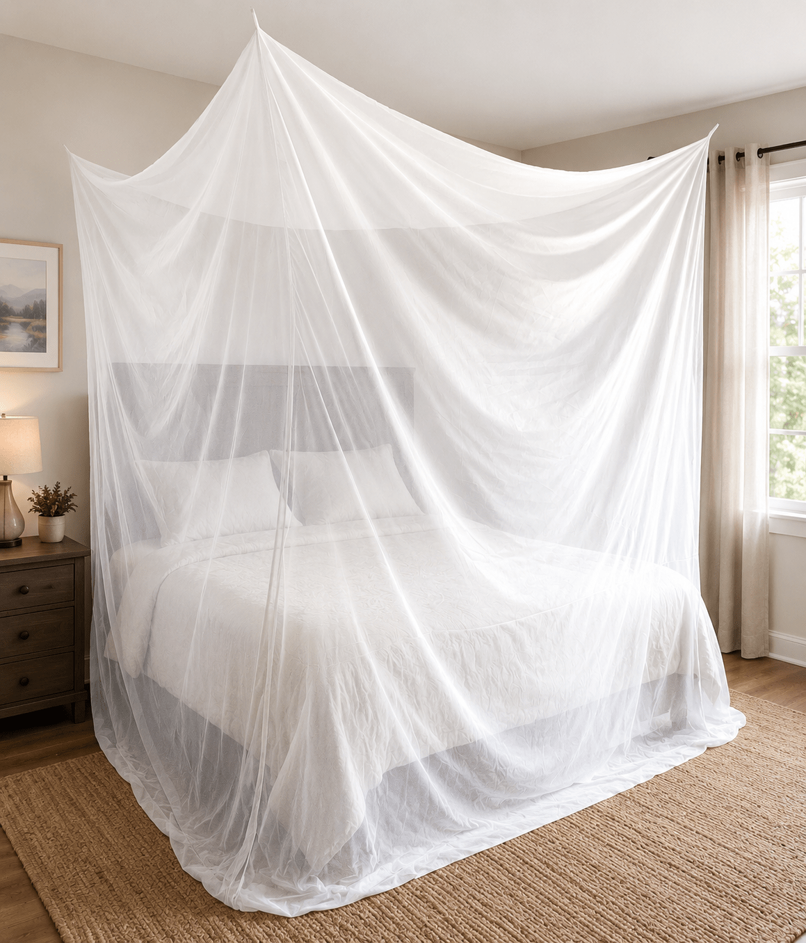A bed draped with a sheer white mosquito net in a cozy bedroom, providing protection and creating a serene atmosphere.